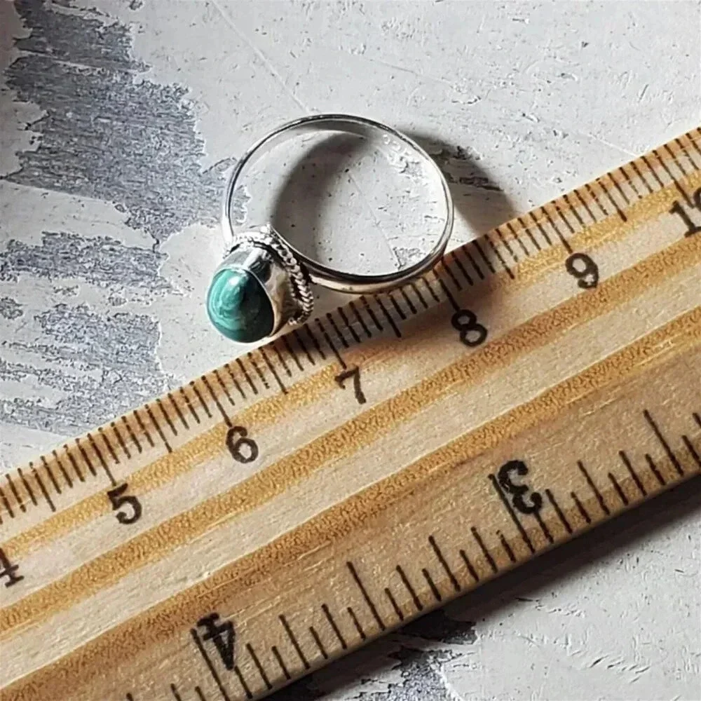 Artisan India Green Malachite 925 Sterling Silver Plated Gemstone Ring Size 6.5